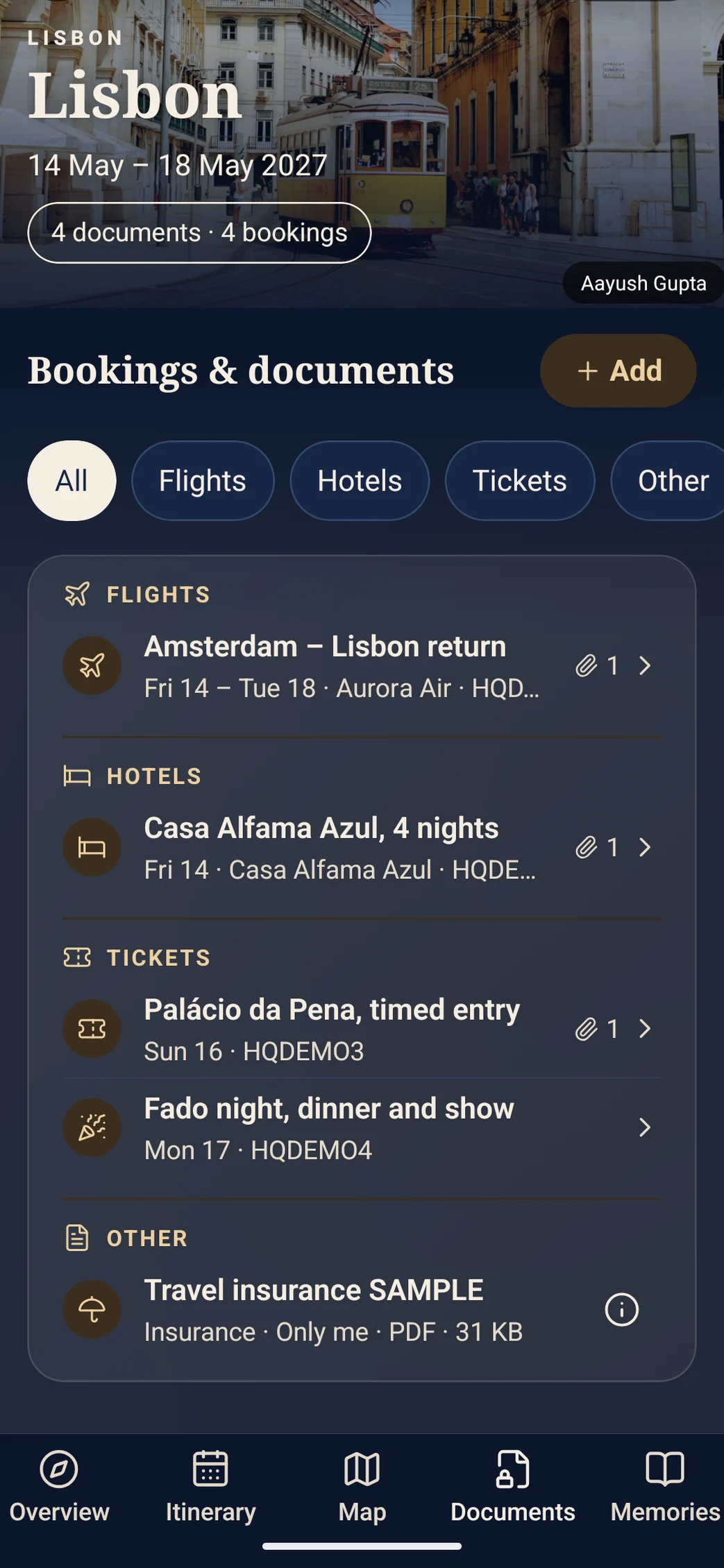 Reservations and documents of a Lisbon trip: the flight, the hotel, two tickets and a travel insurance kept as Only me