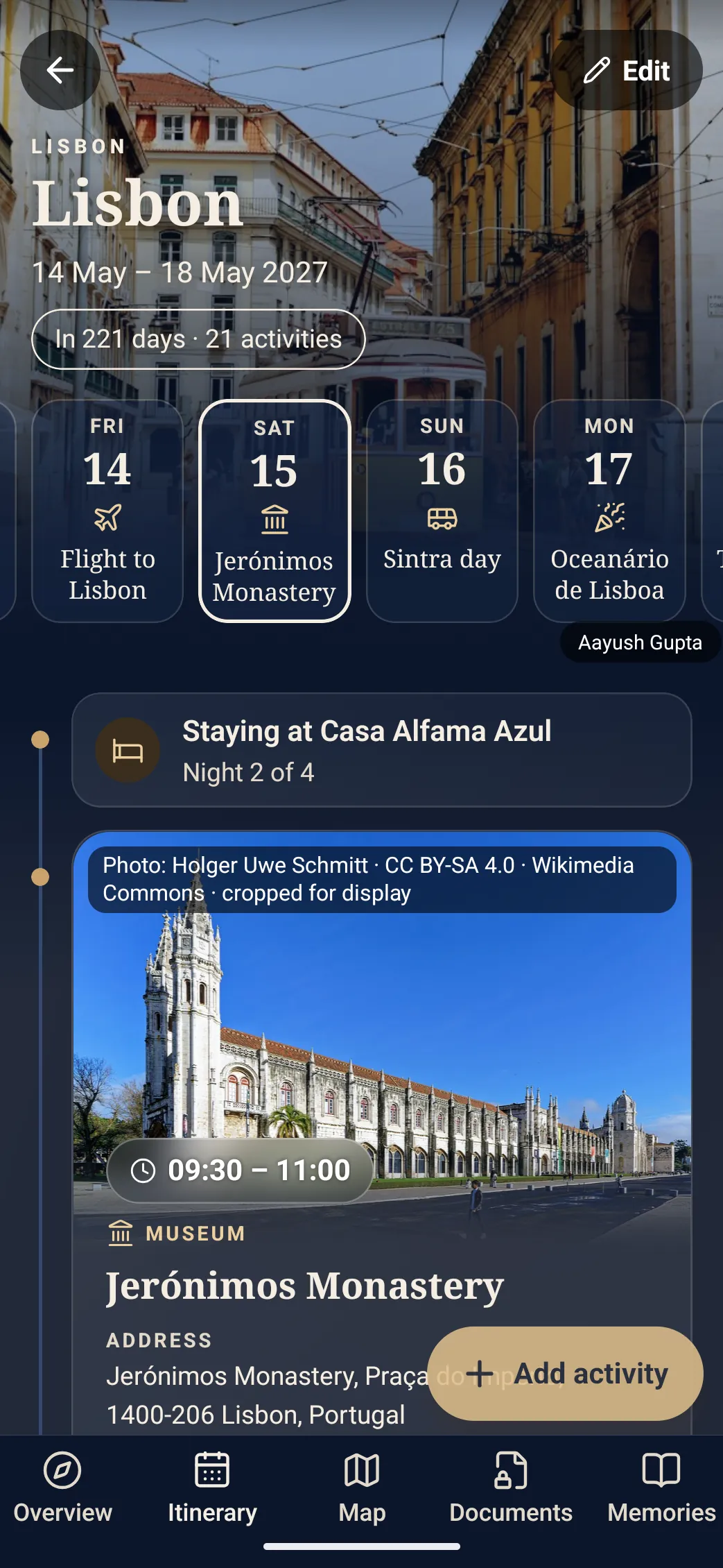 The itinerary of a Lisbon trip on Saturday 15 May, with a hotel night and a visit to Jerónimos Monastery