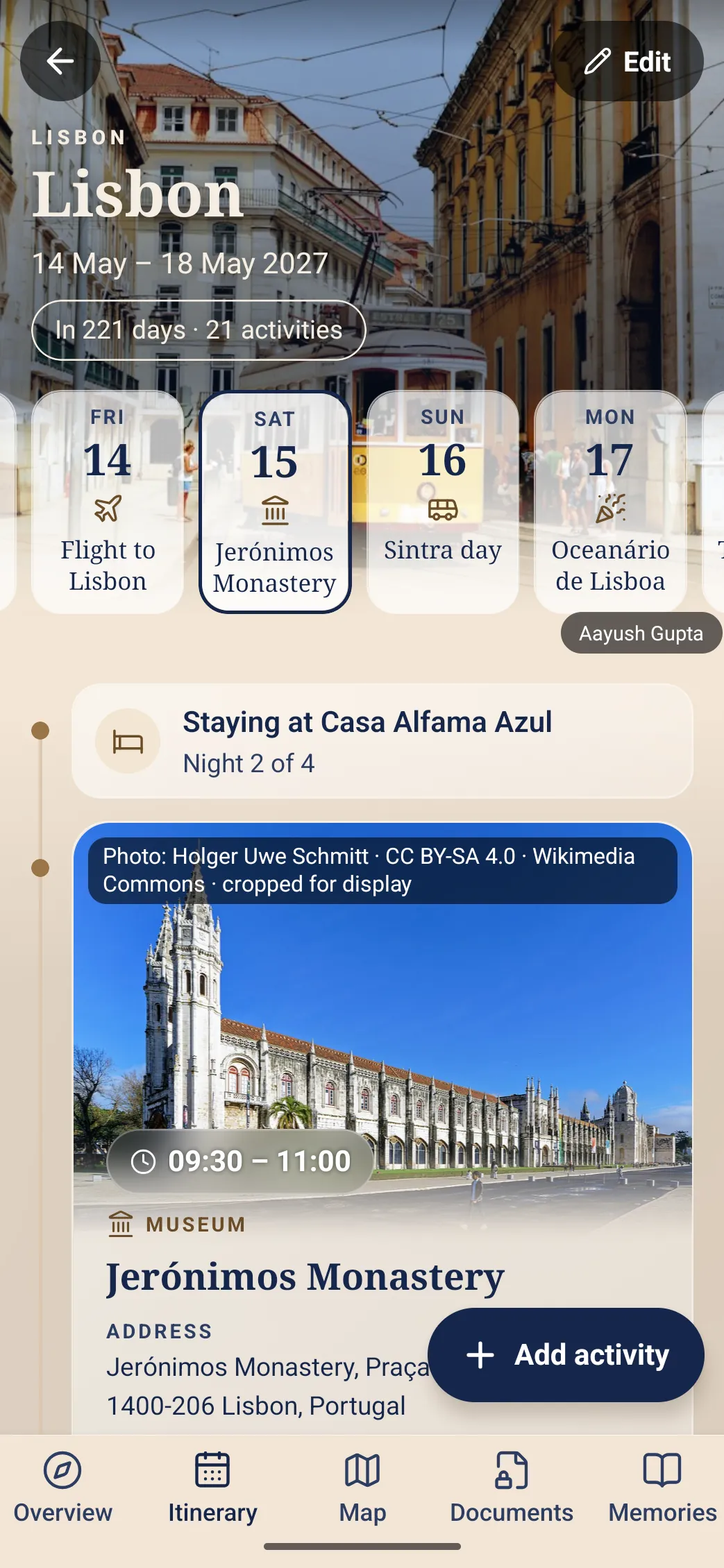 The itinerary of a Lisbon trip on Saturday 15 May, with a hotel night and a visit to Jerónimos Monastery