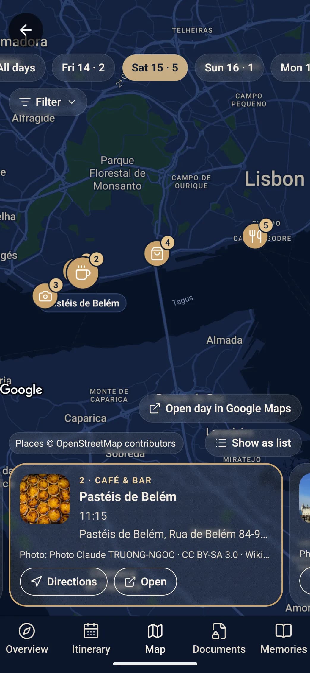 A map of Lisbon with the day’s places numbered in order, and a card for Pastéis de Belém