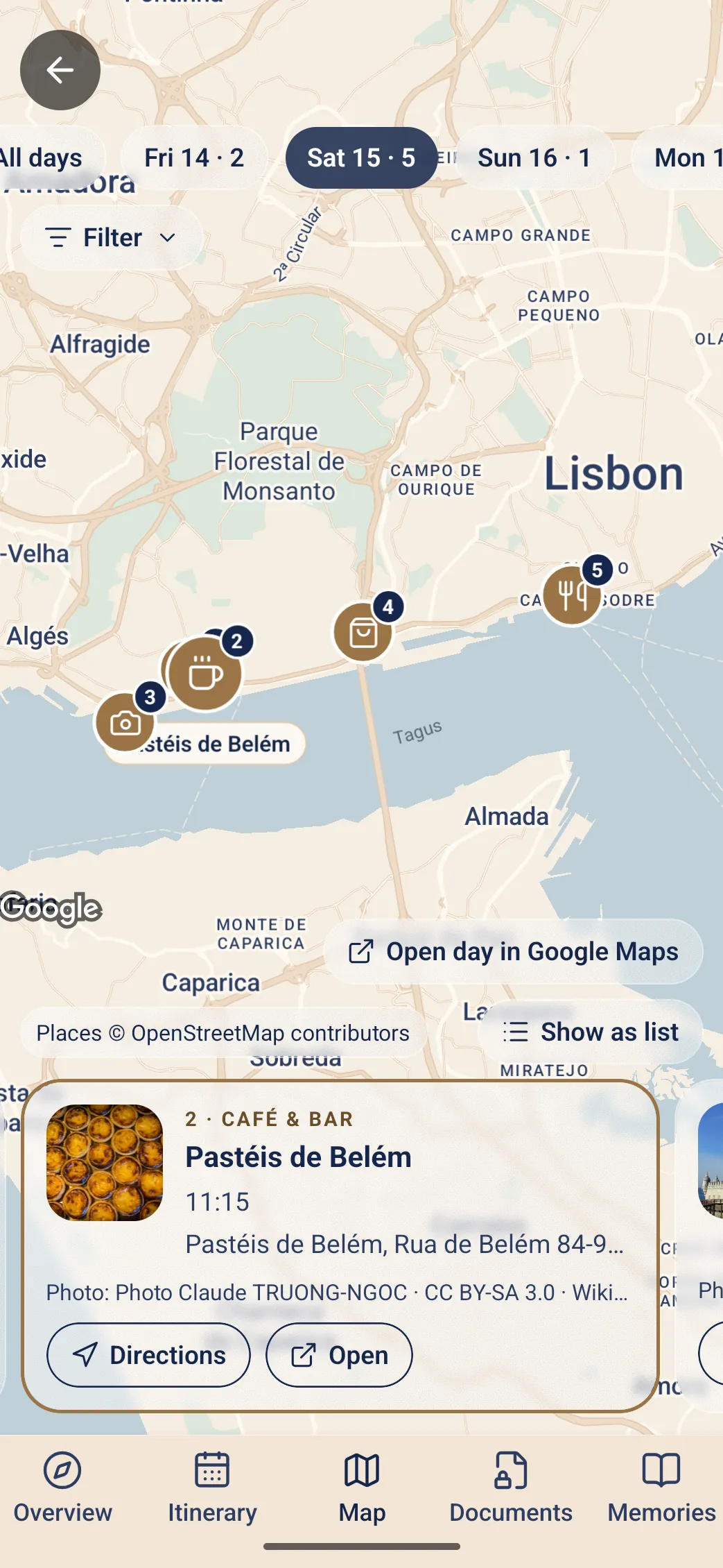 A map of Lisbon with the day’s places numbered in order, and a card for Pastéis de Belém