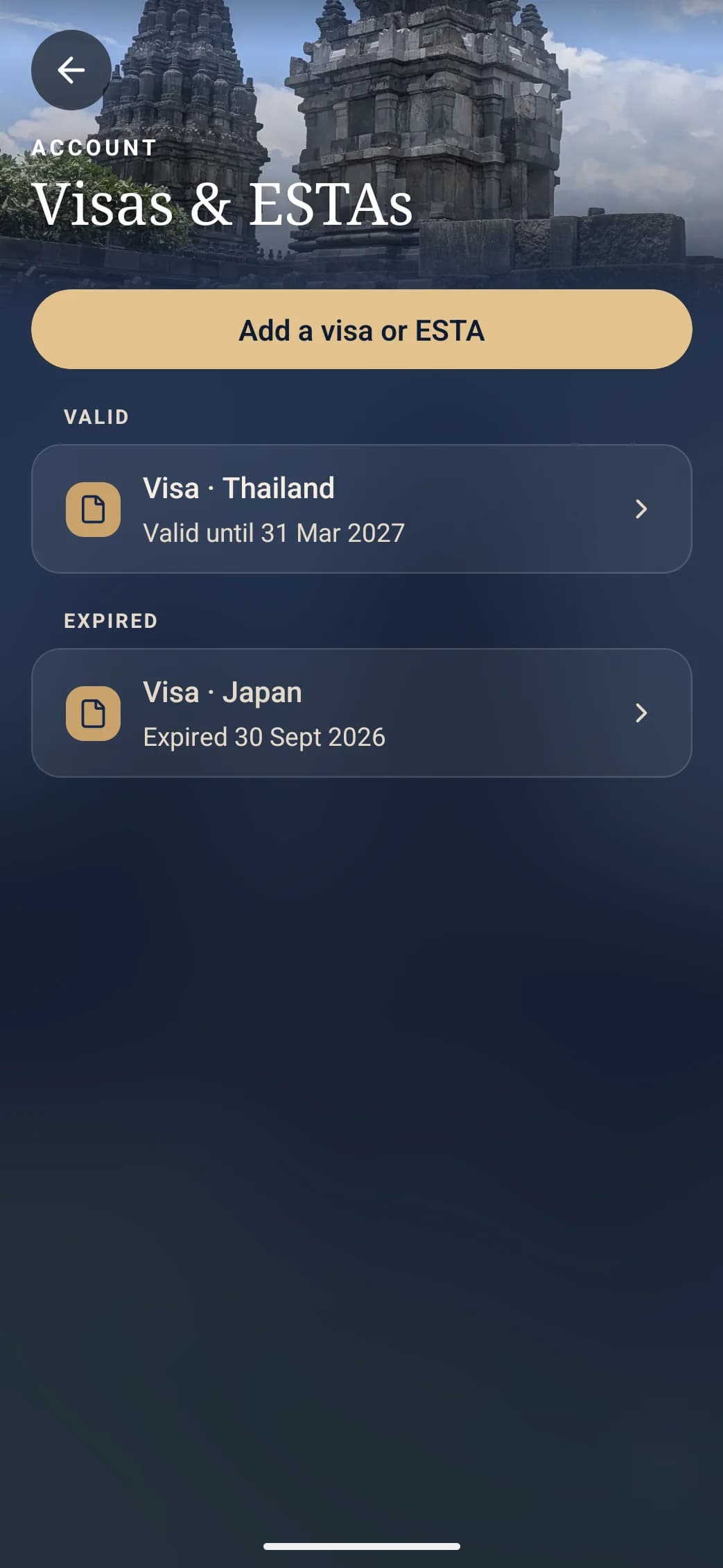 Visas and ESTAs in the account: a valid visa for Thailand and an expired visa for Japan